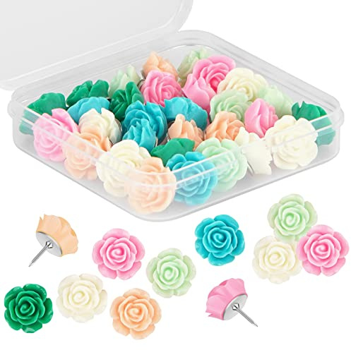 Push Pins for Cork Board - Cuttte 30pcs Decorative Push Pins with Case, Cute Thumb Tacks and Pushpins for Bulletin Board, 6 Colors Flower Pushpins