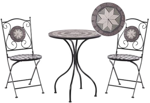 Beliani Balkonset 3-teilig Eisen schwarz Mosaik Tisch mit 2 Stühlen klappbar Cariati