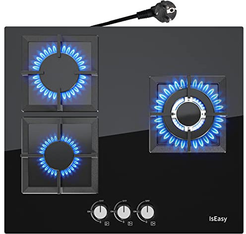 Gaskochfeld 3 Flammig, IsEasy 3 Zonen Glas Gaskochfeld, 3300W/2700W/1750W, 60cm, Erdgas(20mbr)/Propangas(30&50mbr), 3 Zonen Glas Gaskochfeld mit Stecker, Autark Einbau,Schwarz, 220-240V
