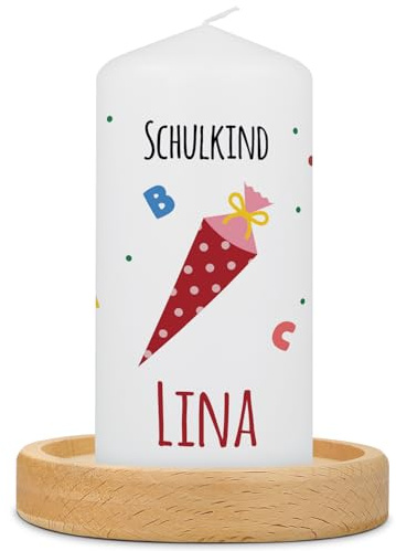 GRAVURZEILE Bedruckte Kleine Kerze - Einschulungskerze Schultüte - Personalisiert mit Name - brilliant bedruckte Kerze zur Einschulung - Geschenk für Mädchen & Jungen zum Schulanfang - Farbe: Rot