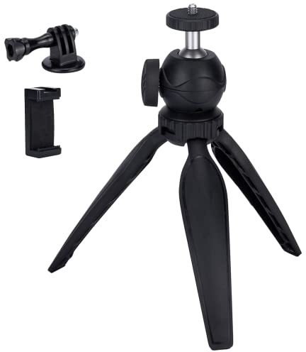 Ytvariw Mini Camera Tripod with Phone Holder & GoPro Mount, 360 Ball Head, Black, Compatible with DSLR, GoPro, Smartphone, Webcam
