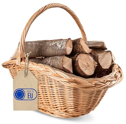 Creative Home Cesto portaoggetti in vimini, con manico e iuta, ovale, 60 x 40 x 39 cm, marrone naturale, tessuto a mano, cestino per il regalo del camino, versatile e durevole