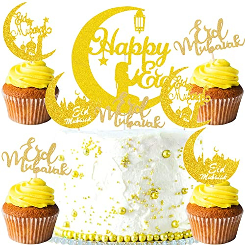 YGCHEN Tortendeko Eid Mubarak Kuchendeko Ramadan Cake Toppers Gold Glitzer Kuchen Dekoration für Eid Mubarak Islamisches Party Bankett Abendessen Dekoration 35 Stück