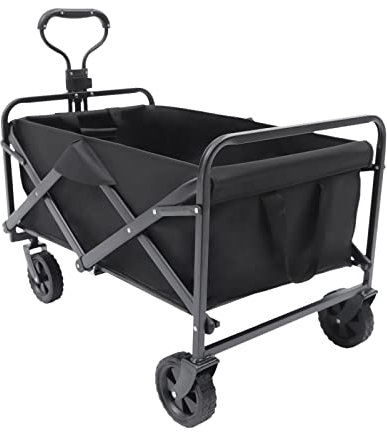 Faltbarer Bollerwagen Handwagen, Gartenwagen Transportwagen mit 2 Getränkehalter Vollgummi-Reifen 360° Rotation des Vorderrads Bollerwagen Strand, Schwarz