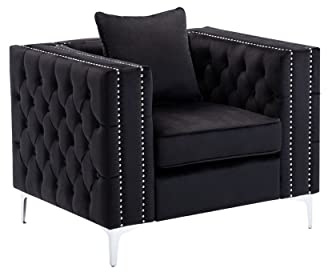 Benjara Joni 40 Inch Armchair, Chesterfield Design, Button Tufting, Black Velvet