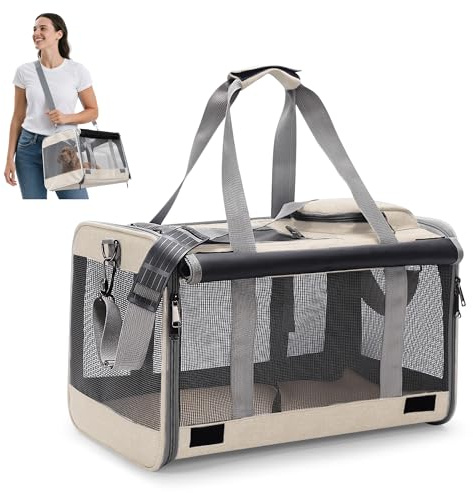ALLSOPETS Faltbare Haustiertragetasche für Katzen und kleine Hunde bis 9 kg, Atmungsaktive Hundetragetasche, Weiche Transportbox für Auto Flugzeug Reisen und Tierarzt (Hafer Beige)