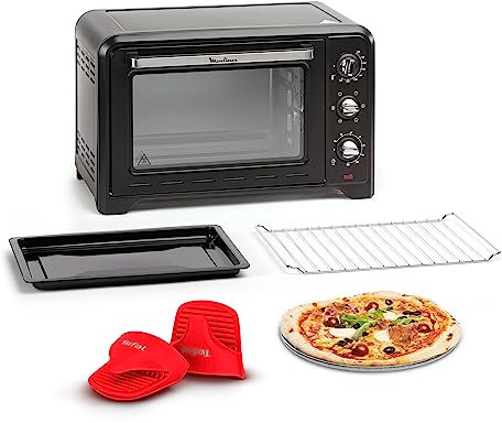 Moulinex Four posable 33 L, Chaleur tournante, Convection de pointe, 6 modes de cuisson, Thermostat réglable jusqu’à 240 °C, Timer 120 min, Grille réversible, Maniques silicone, Optimo Noir OX464811