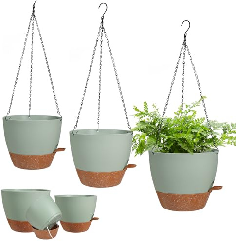 Lucieblessdesign 3 Stück Hängende Pflanzgefäß Indoor Outdoor Blumentöpfe 7/6,5/5 Zoll, Selbstbewässernder Hängetopf mit Drainagelöchern, Hängekörbe Halter Pflanztöpfe für Garten (Grün)