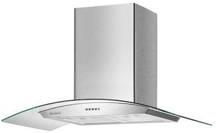 Hotte décorative murale 90 cm Verre & Inox – BELDEKO – Débit jusqu’à 559 m³/h – 200 Watts - 3 vitesses + minuterie – Recyclage ou évacuation – Design inox/-verre-noir moderne