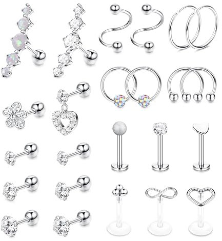 Chriscoco 24Pcs 16G Helix Piercing Set - Chirurgenstahl Tragus Ohrpiercing Conch Knorpel Ohrringe Lippenpiercing Labret Septum Schmuck Damen Silber