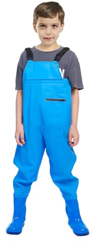 VicBre Kinder-Wathose für Jungen und Mädchen, Reißverschlusstasche,Verstellbare Träger,Rückenschnalle Design,Wasserdichte Regenhose mit Stiefeln, Wathose für Jugendliche,Blau,33