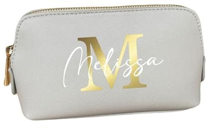 AWASG Kosmetiktasche Buchstabe Monogramm - Personalisiert mit Name - Schminktasche Beauty Bag für Make-up - Kunstleder M (18x11x4.5 cm) (grau)