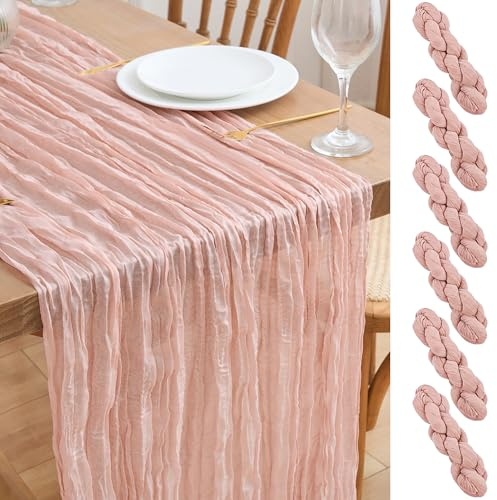 Asee'm 6PCS Tischläufer Käsetuch 300 x 90cm Staubiges Rosa Boho Transparente Läufer Tisch Hochzeit Gaze Stoff Rustikale Käse Tuch für Braut Dusche Party | Durchsichtiger Boho-Tischläufer für Partys, 308 cm lang, Stoff, Ostern, Hochzeit, Babyparty, Brautparty, Urlaubsdekoration