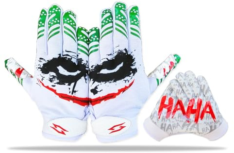 Joker Football Receiver Gloves White - Youth Adult Unleash Venom with Jester Stealth Elite Tacky Pro Grip Palms Men Kids Boys Small to XXL Sizes Battle College Lineman