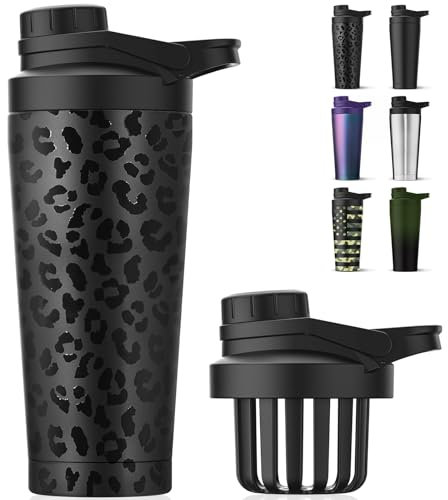 Greatyos Edelstahl-Shaker-Flasche mit geräuschfreiem Design – Patentierte isolierte Metall-Shaker-Flaschen für Proteinmischungen und Pre-Workout, 100 % auslaufsicher (schwarzer Leopard)