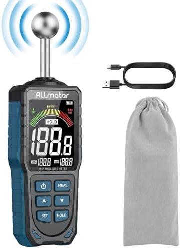 ALLmeter Wiederaufladbar Feuchtigkeitsmessgerät Feuchtigkeitsmesser 5-40 mm Analysetiefe mit Stoffbeutel Farb-LCD Akustischem Alarm Kugelform Feuchtigkeitsmesser für Wand Putz Mauerwerk Holz Beton