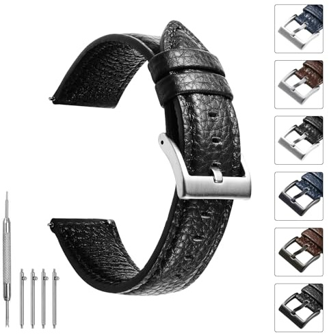 TODYSTRAP Uhrenarmband 20mm Leder, Uhrenarmbänder für Herren aus Schwarz Lychee-Leder, Ersatz, Weiche, Smartwatch Armband, 20mm 22mm
