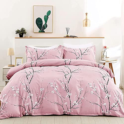 Freyamy Bettwäsche 200x220 Blumen Rosa Floral Zweige Bettwäsche-Sets Mädchen Aesthetic Kinderbettwäsche Microfaser ÖKO-TEX Deckenbezug 1 Bettbezug mit Reißverschluss und 2 Kissenbezug 80x80cm