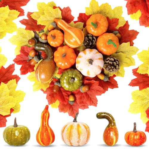 QIMMU 70 decorazioni autunnali a forma di zucca, zucca decorativa, foglie d'acero artificiali, ghiande e pigne, per decorazione autunnale, decorazione da tavolo, Halloween