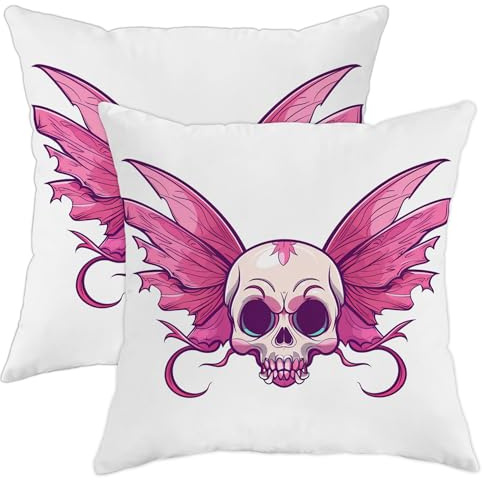 Juego de 2 fundas de almohada de Halloween, calavera de melocotón con alas góticas, fundas de cojín cuadradas decorativas espeluznantes para el hogar, sofá, cama, sofá, 18 x 18 pulgadas