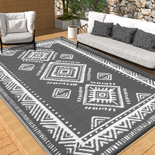 OMERAI Outdoor Rug for Garden Patio Lightweight Reversible Outdoor Recycled Plastic Camping Rug Waterproof UV-Resistant Carpet Easy Cleaning Garden Mat, Grey 150X240CM