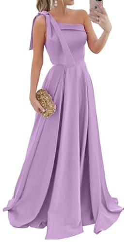 Robe de soirée longue en satin teint avec poches pour femme, lilas, 42