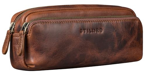 STILORD Melissa Federmäppchen Leder Groß Vintage mit Reißverschluss Stiftemappe Großes Etui Schule Uni Echtleder Kosmetiktasche für Damen und Herren Farbe:Sesto - Cognac