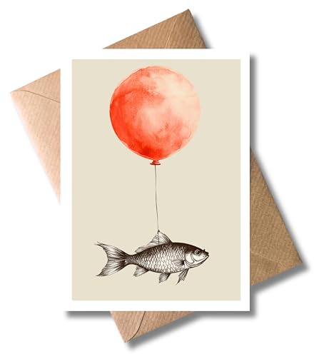 WBdesignz Geburtstag Karte Happy Birthday mit Umschlag - Minimalitsische Klappkarte mit Fisch & Ballon Illustration - Stilvolle Geburtstagskarte - Glückwünsche für Angler, Männer, Frauen (DIN A6)