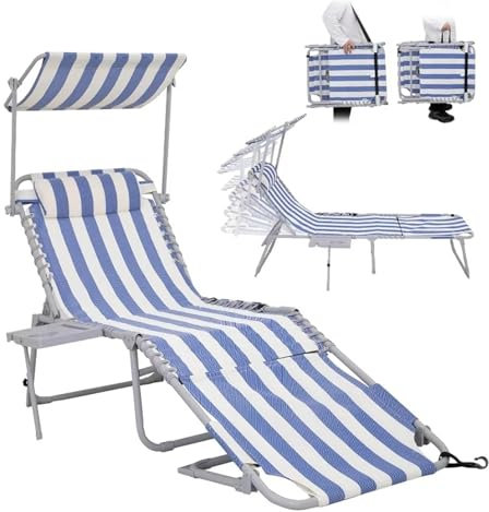 Tumbona Plegable para Patio, Tumbona Plegable con Dosel, Parasol para Exteriores, Tumbona de Playa de 5 Posiciones con Almohada y Bolsillo Lateral (Azul y Blanco, Dosel f H)