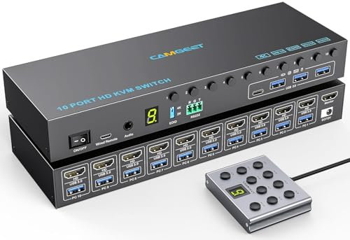 CAMGEET Conmutador KVM de 10 puertos HDMI 4K @ 60 Hz Simulación EDID, 10 en 1 salida HDMI KVM Switch para 10 ordenadores comparten 1 monitor y 4 puertos USB 3.0, 10 PC KVM Switches con Audio RS232