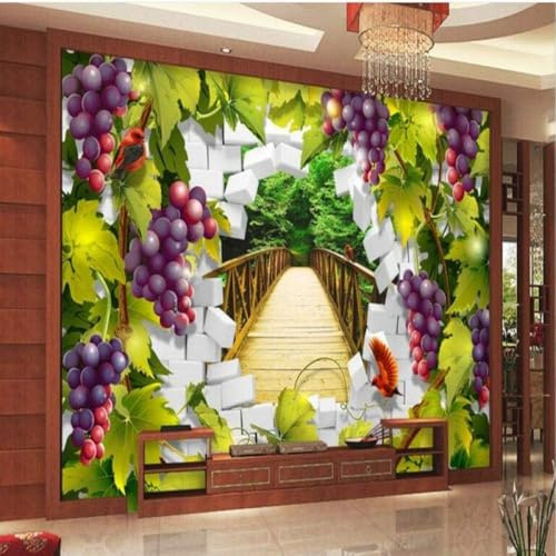 XLMING Raisins Violets Bois Ponts En Bois 3D Papier Peint Décoration Manger Adulte Intérieure Salon Canapé Chambre Fond TV Mur-150cm×105cm