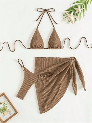AMENGJ Badkläder Kvinnor Sexig Brun Bikini Dam Halter Push Up BH Kjol Baddräkt 3 Stycken (Färg: 1, S)