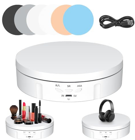 Elektrischer Drehteller 14.6CM, 2-in-1 Geschwindigkeits & Schalterregler Elektrischer Drehbarer, 10KG Last Motorisierter Drehständer mit 5 Hintergrundtafeln zur Präsentation von Schmuck, Uhren (Weiß)