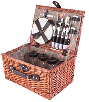 Picknickkorb für 4 Personen mit Keramiktellern, Weingläsern & Besteck – Picknickkoffer mit Korkenzieher & Zubehör – Weidenkorb 29x20x41 cm – Komplettset für Ausflüge & Garten