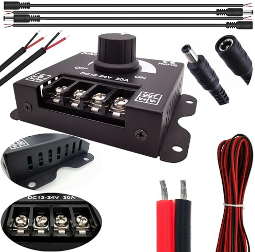 CTRICALVER Interruttore dimmer per striscia LED monocromatica. Controllore PWM 12-24V 30A. Include due coppie connettori DC e 5m cavo 22AWG a 2 fili. Ideale per regolare la luce delle strisce LED.