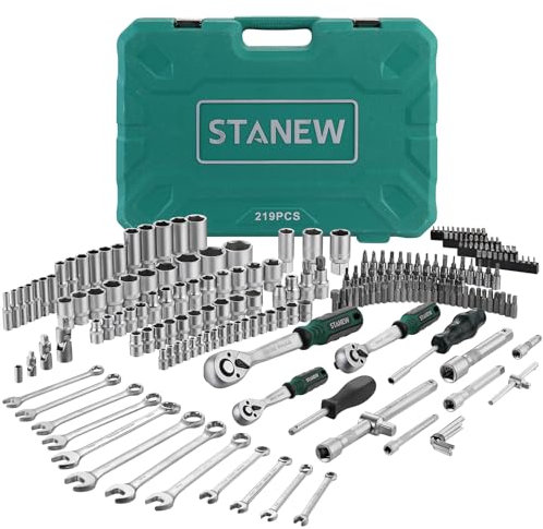 STANEW Cr-V Set chiavi a cricchetto 219 Pezzi, Set chiavi a bussola 1/4+ 3/8+ 1/2, Bussola Metrica Cr-V con Chiavie a Cricchetto a Sgancio Rapido a 72 Denti, adatto a tutte le riparazioni