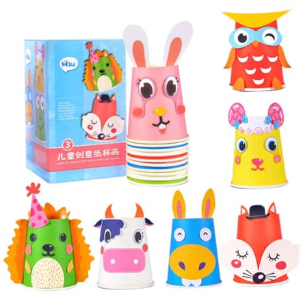 Bastelset für Pappbecher 12 Stück Papier mit Karten für Kinder | Selbstgemacht Materialset, 1 Referenzkarte und Klebeband, Cartoonhaftes, Süßes Design für Kleinkinder