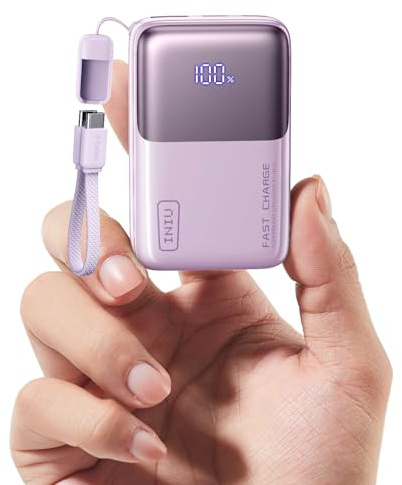 INIU Ultra Mini Powerbank, 10000mAh 45W Schnellladen mit USB C Kabel | Flugtauglich, Reise-Essential, Angebrachtem USB-C Kabel, Externe Handyakkus für iPhone 17 16, Samsung, Zartes Violett