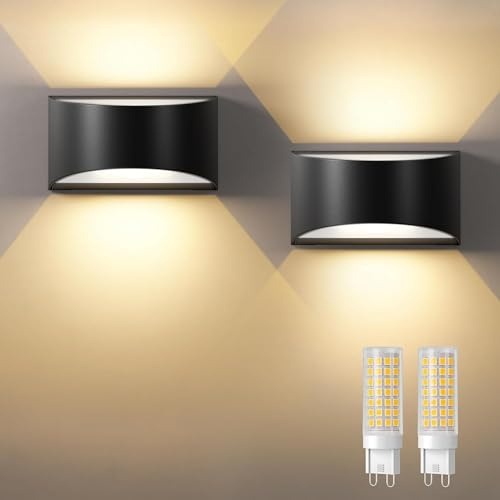 Uwithm Wandlampe mit Austauschbarer G9 LED lampe Warmweiß 3000K,Aluminium LED Wandleuchte Innen/Aussen,Aussenbeleuchtung für Wohnzimmer Garten,IP65 Wasserdichte Wandleuchte(Schwarz 2 Stück)
