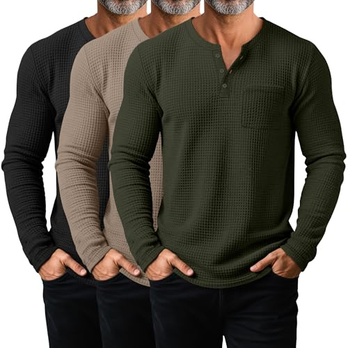 August Alley 3 Pack Men's Waffle Henley Long Sleeve Thermal Shirts, Lightweight Casual Undershirts Pullover Tops with Pockets(Black, Coffee, Dark Army Green,XX-Large)