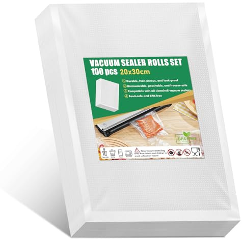 JRHSLCXLT 100 Bags 20 x 30cm Food Vacuum Seal Bags, Embossed Food Preserving Sous Vide Bag, Commercial Grade Textured Food Vacuum Sealer Bag, for Food Storage and Sous Vide Cooking