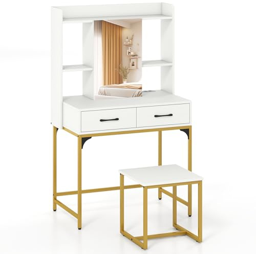 GIANTEX Schminktisch mit Spiegel, Frisiertisch mit Hocker, Kosmetiktisch mit Ladestation, Make Up Tisch mit 2 Schubladen, 3 offenen Regalen & verstecktem Fach, moderner Schminkkommode, Weiß + Gold