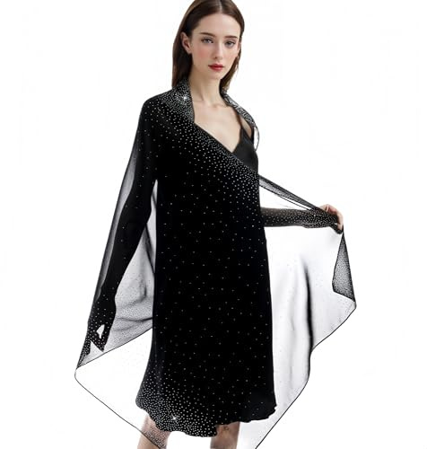 Proumhang Noir Châle en Chiffon Uni Élégant avec Strass Ciel Étoilé, Écharpe de Soirée Longue Formelle pour Femmes,Accessoire de Luxe pour Dîner et Fête,200cm x 85cm