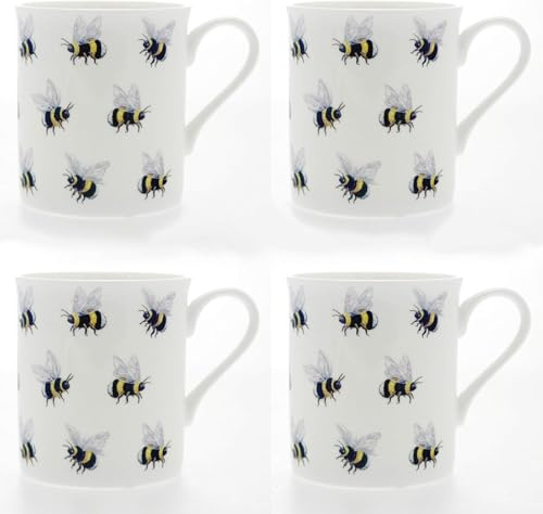 Set 4 Fine Bone China Mugs - Bumble Bees Design