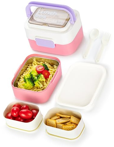 Lille Home Lunch Bento Box Portable Snack Box with Handle, Stackable | 61oz/1810ml, Sectioned Lunch Box, Removable Stainless Steel Compartments with Utensil, 2 Dressing Containers