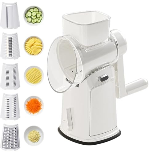 Rotary Cheese Grater with Handle, Manual Vegetable Grater, Spiralizer for Vegetables, ABS & PP for Rotary Cheese, 10 Blades for Shredding Slicing, Kitchen Food Chopper for All People (Ivory White)