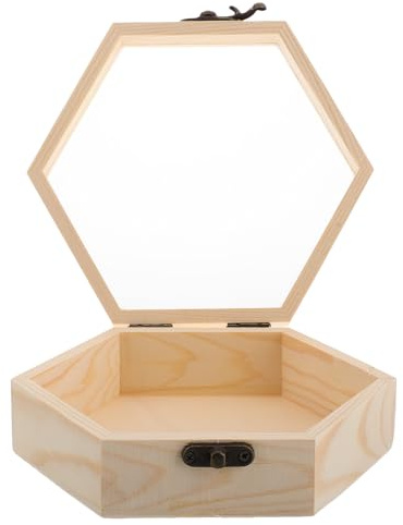 Genérico Caja Hexagonal de Madera de Pino con Tapa de Cristal Organizador Multifuncional para Joyas y Flores Secas Caja Decorativa para Recuerdos y Manualidades Almacenamiento Vintage