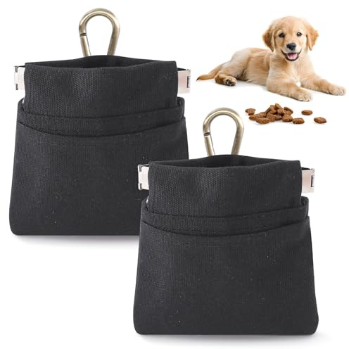 Lanjue Dog Treat Bags 2 Pack, 600D Oxford Pouches with Clip, Black | 12 x 12 cm, Metal Auto-Close Opening, Belt Clip For Walks and Training, Holds Treats, Toys and Waste Bags