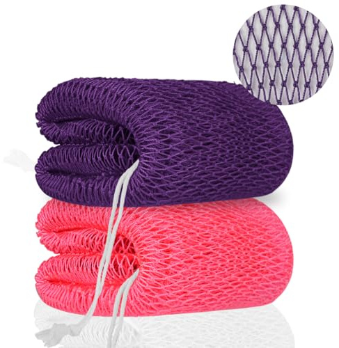 ALIIP Filet de Douche Africain Exfoliant, Éponge de Gommage Corps avec Cordes,Extensible Longue Portée,Nylon à Séchage Rapide,pour Homme Femme Enfant, Douche Bain Voyage,2PCS-Rose Clair+Violet Foncé
