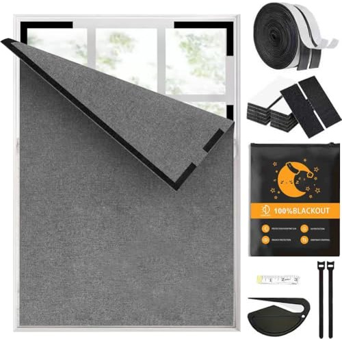 LOMUG Fenster Verdunkelung, Verdunklungsstoff mit Klett, Lichtblockierender Sonnenschutz in Leinenoptik, Zuschneidbares Blackout Rollo Ohne Bohren, Innen Dachfenster Abdunkelung(Grau, B150XH300cm)